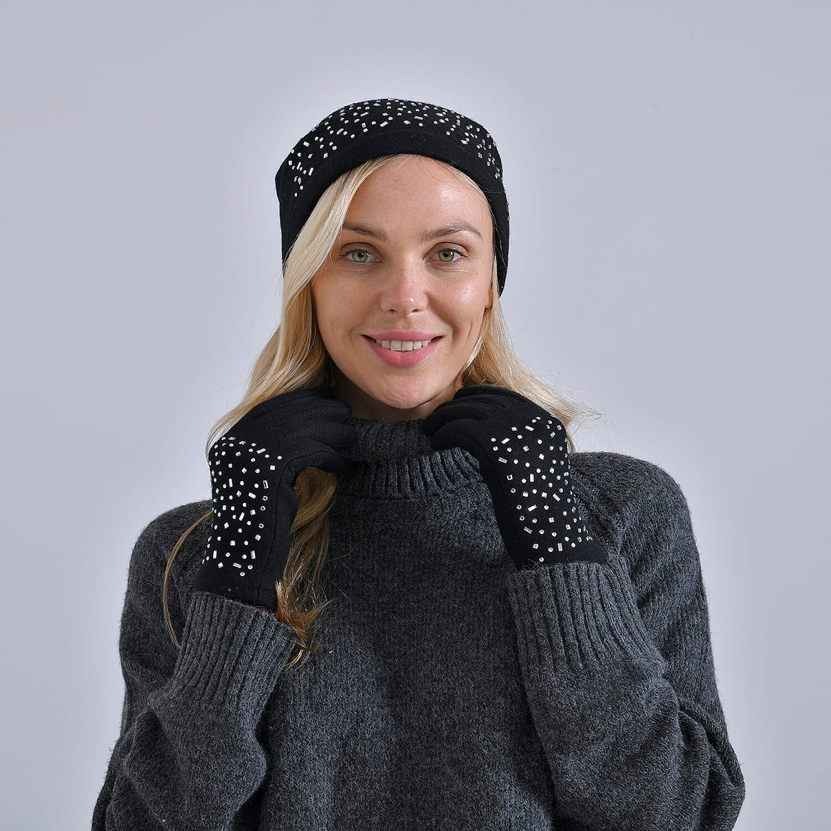 Premium Cashmere Wool Crystal Embellished Hat and Gloves - Black 7842640 2