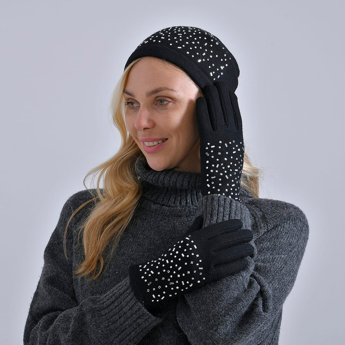 Premium Cashmere Wool Crystal Embellished Hat and Gloves - Black 7842640 3