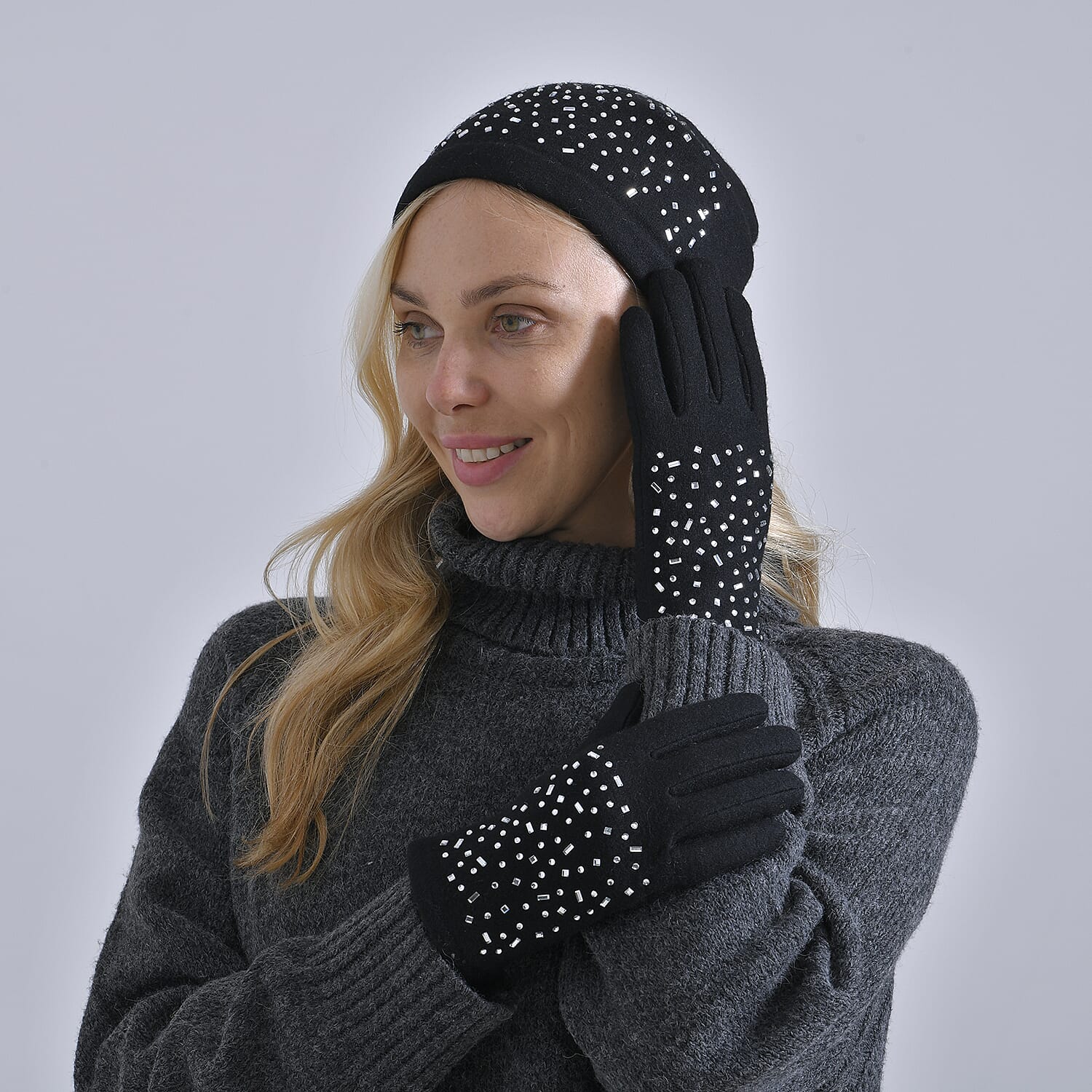 Premium Cashmere Wool Crystal Embellished Hat and Gloves - Black 7842640 3