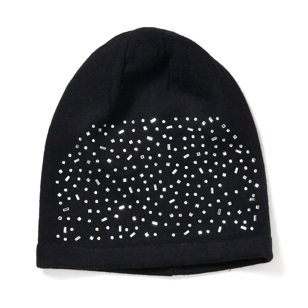 Premium Cashmere Wool Crystal Embellished Hat and Gloves - Black