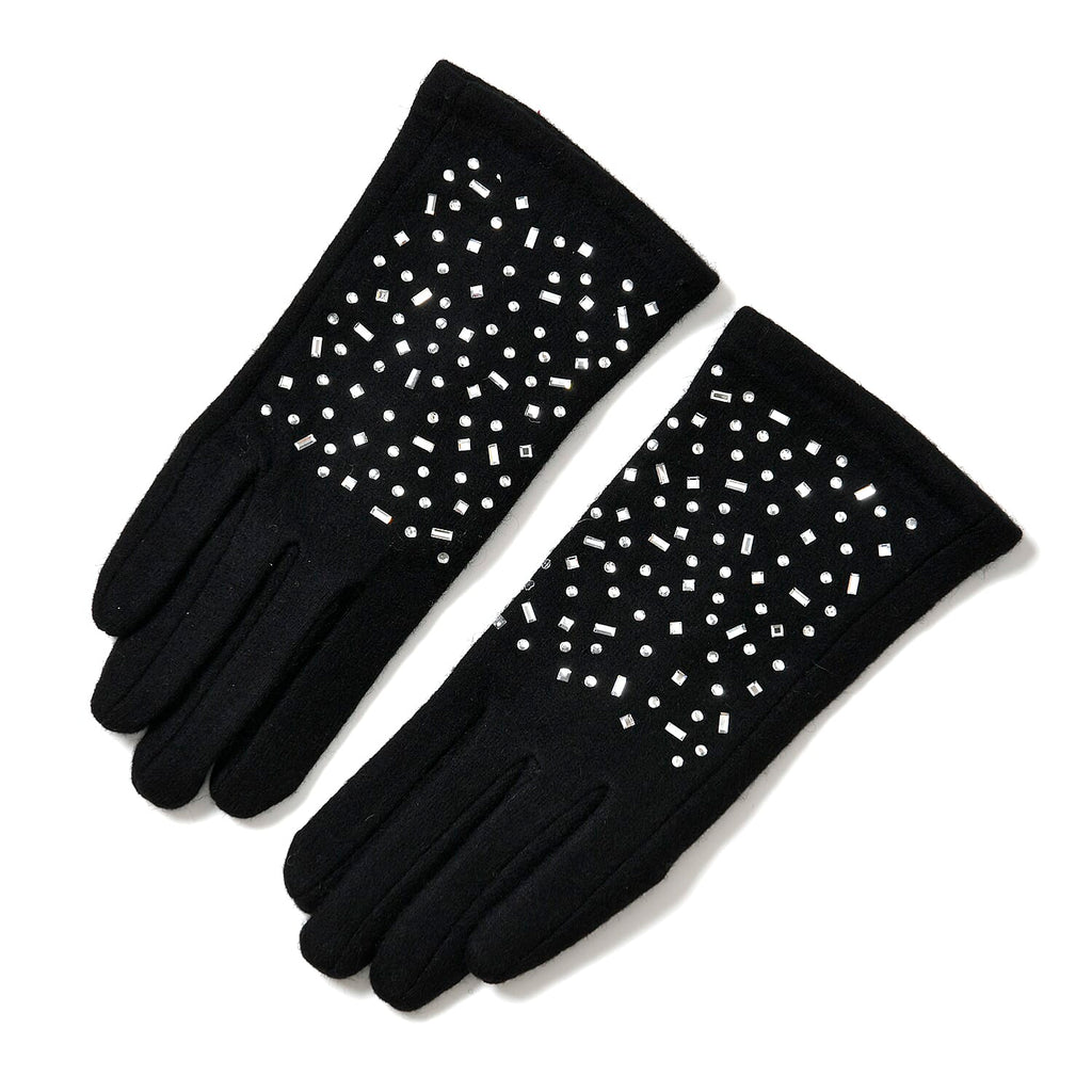 Premium Cashmere Wool Crystal Embellished Hat and Gloves - Black