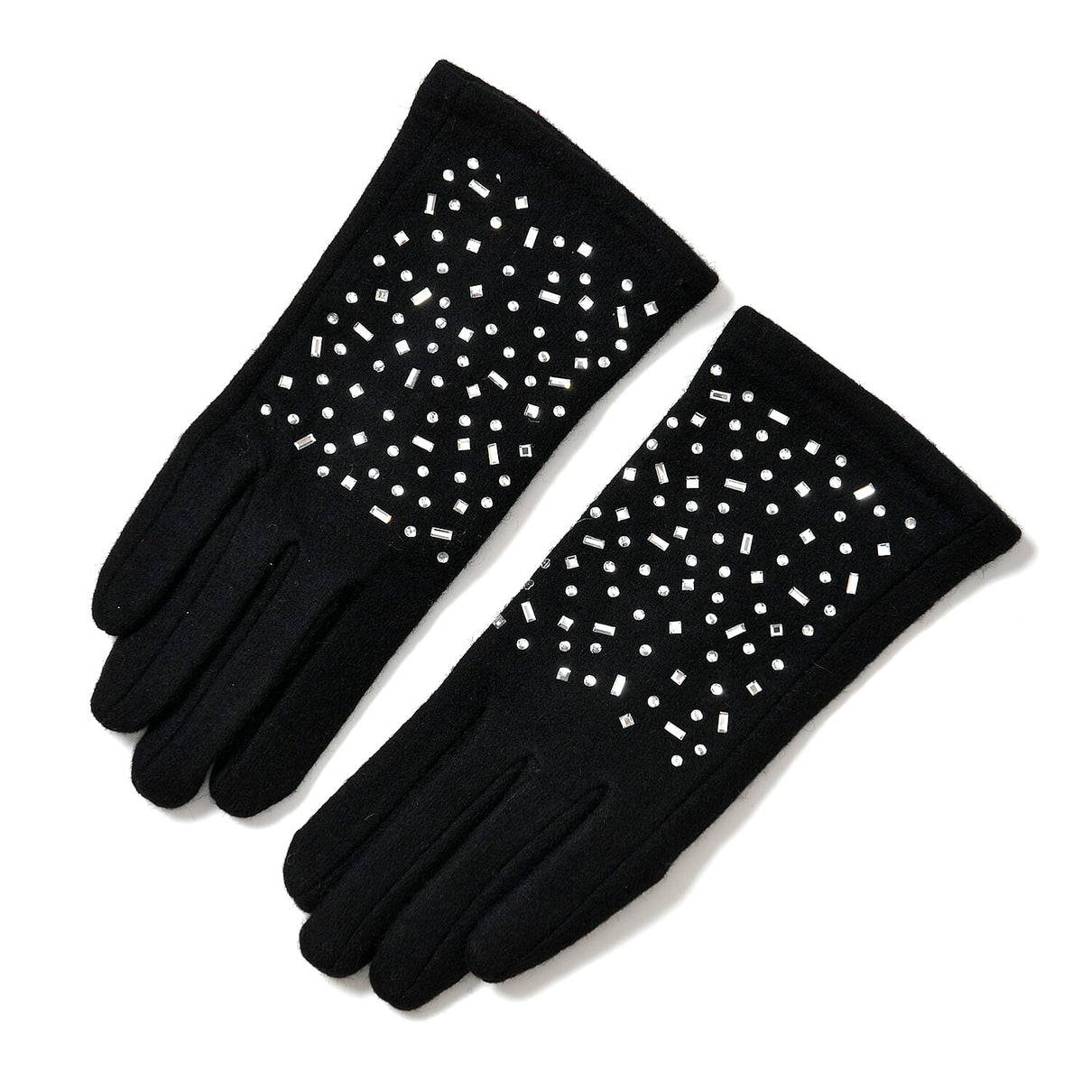 Premium Cashmere Wool Crystal Embellished Hat and Gloves - Black 7842640 7