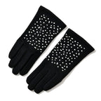 Premium Cashmere Wool Crystal Embellished Hat and Gloves - Black