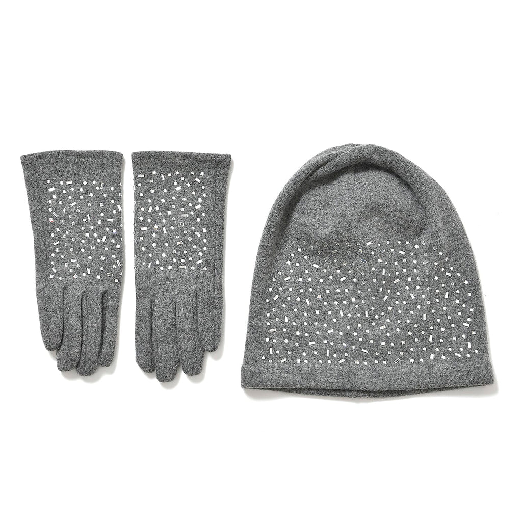Premium Cashmere Wool Crystal Embellished Hat and Gloves - Grey