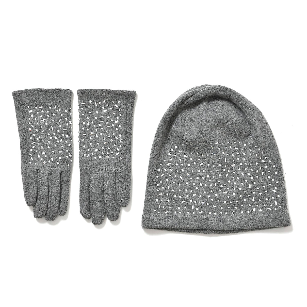 Premium Cashmere Wool Crystal Embellished Hat and Gloves - Grey V32516004 0