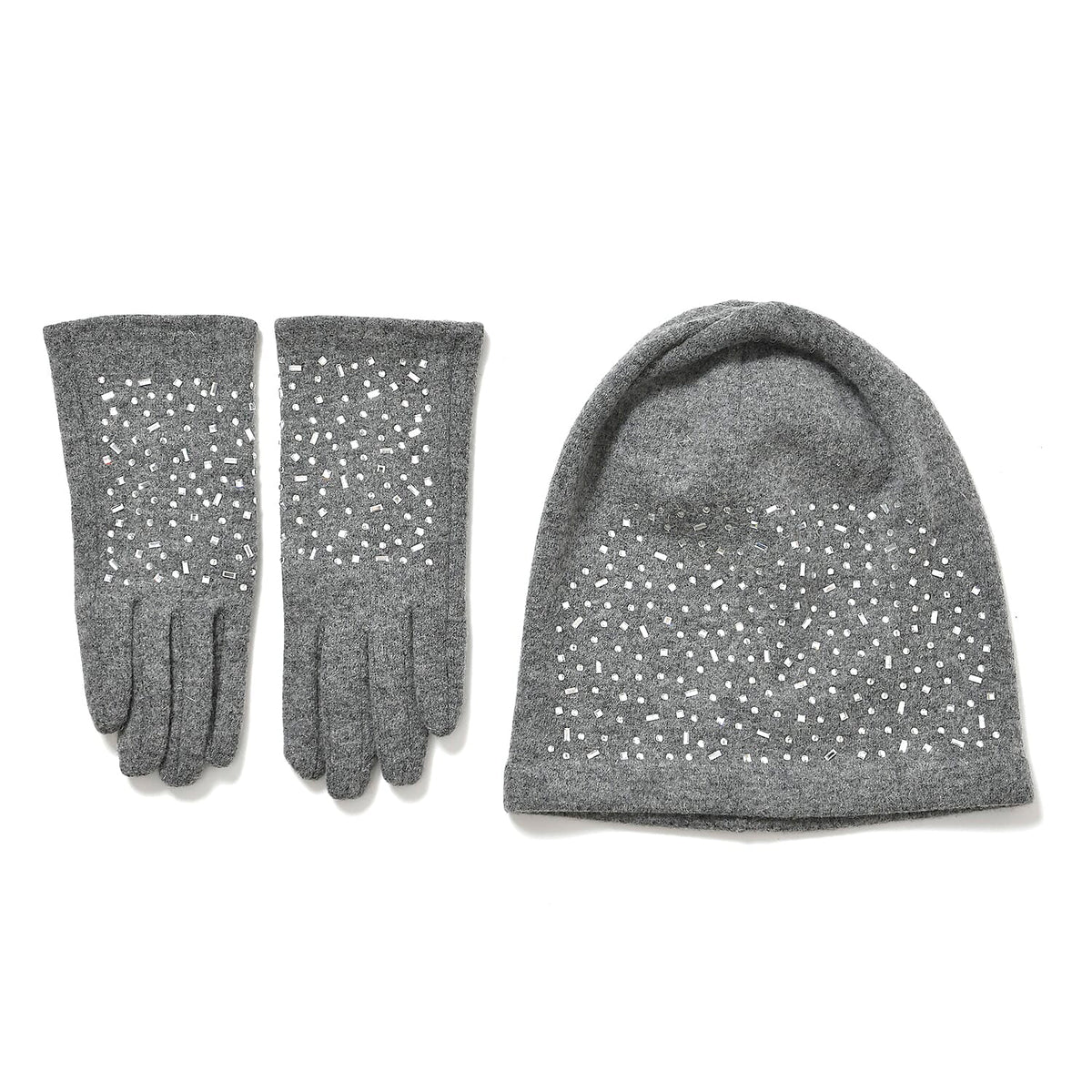Premium Cashmere Wool Crystal Embellished Hat and Gloves - Grey V32516004 0