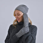 Premium Cashmere Wool Crystal Embellished Hat and Gloves - Grey