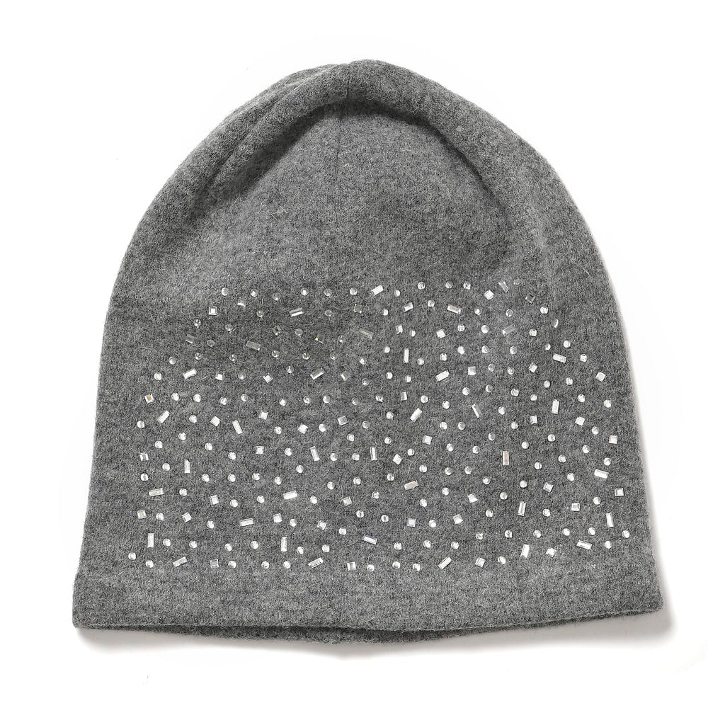 Premium Cashmere Wool Crystal Embellished Hat and Gloves - Grey
