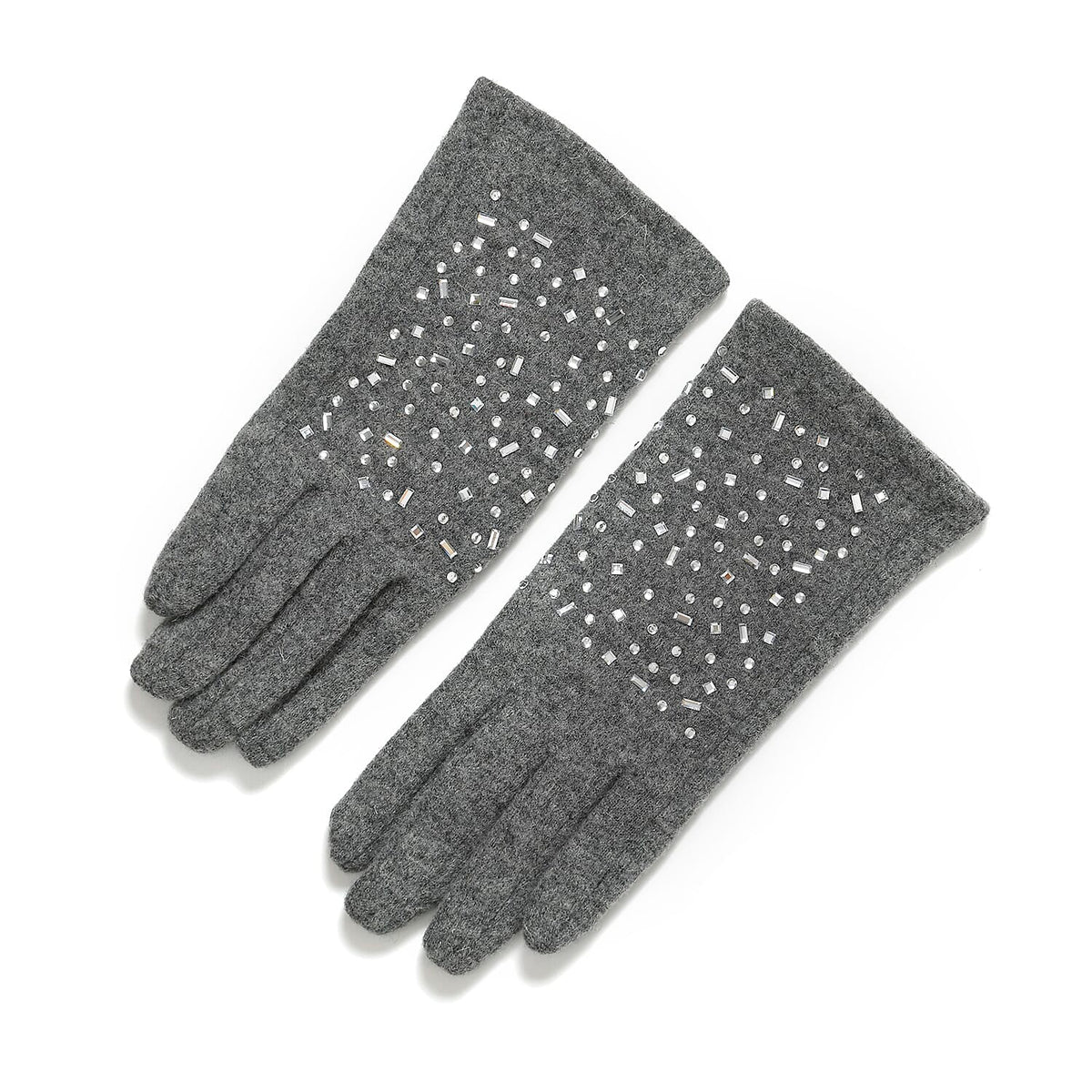 Premium Cashmere Wool Crystal Embellished Hat and Gloves - Grey V32516004 7