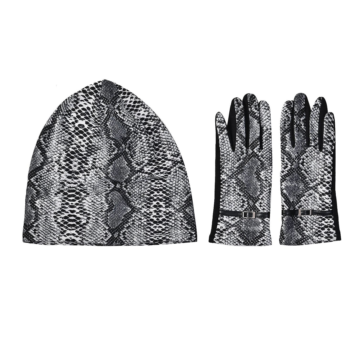 Set of 2 Python Printed Gloves &amp; Hat - Grey 7620692 0