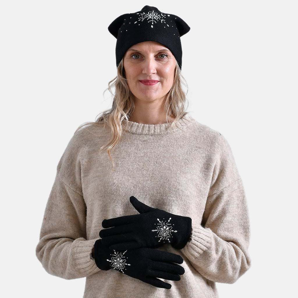 2 Piece Cashmere Set- Crystal Pattern Hat and Gloves - Black