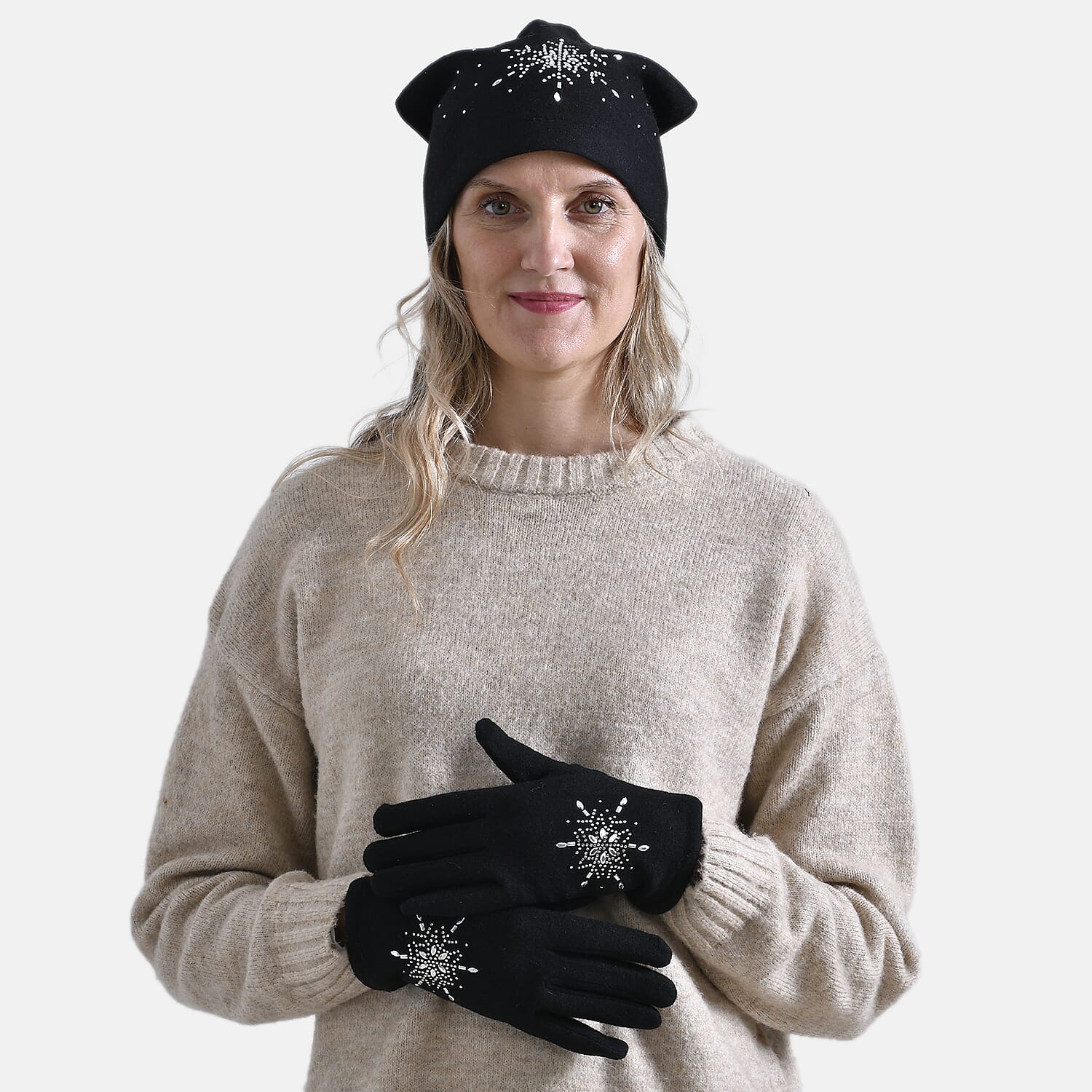 Crystal Snowflake Beanie and Gloves Set â€“ Black 7850687 2