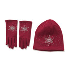 2 Piece Cashmere Set- Crystal Pattern Hat and Gloves - Wine Red
