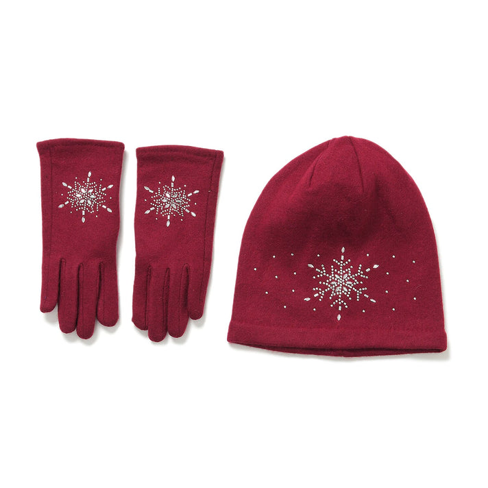 Crystal Snowflake Beanie and Gloves Set - Wine Red 7850688 1