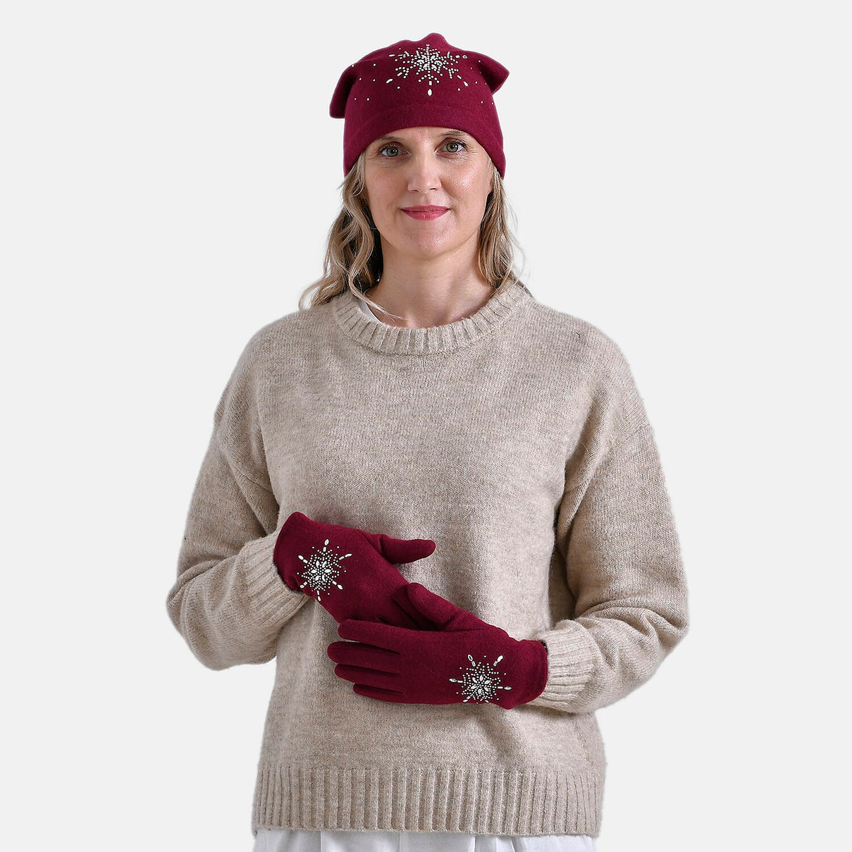 Crystal Snowflake Beanie and Gloves Set - Wine Red 7850688 2