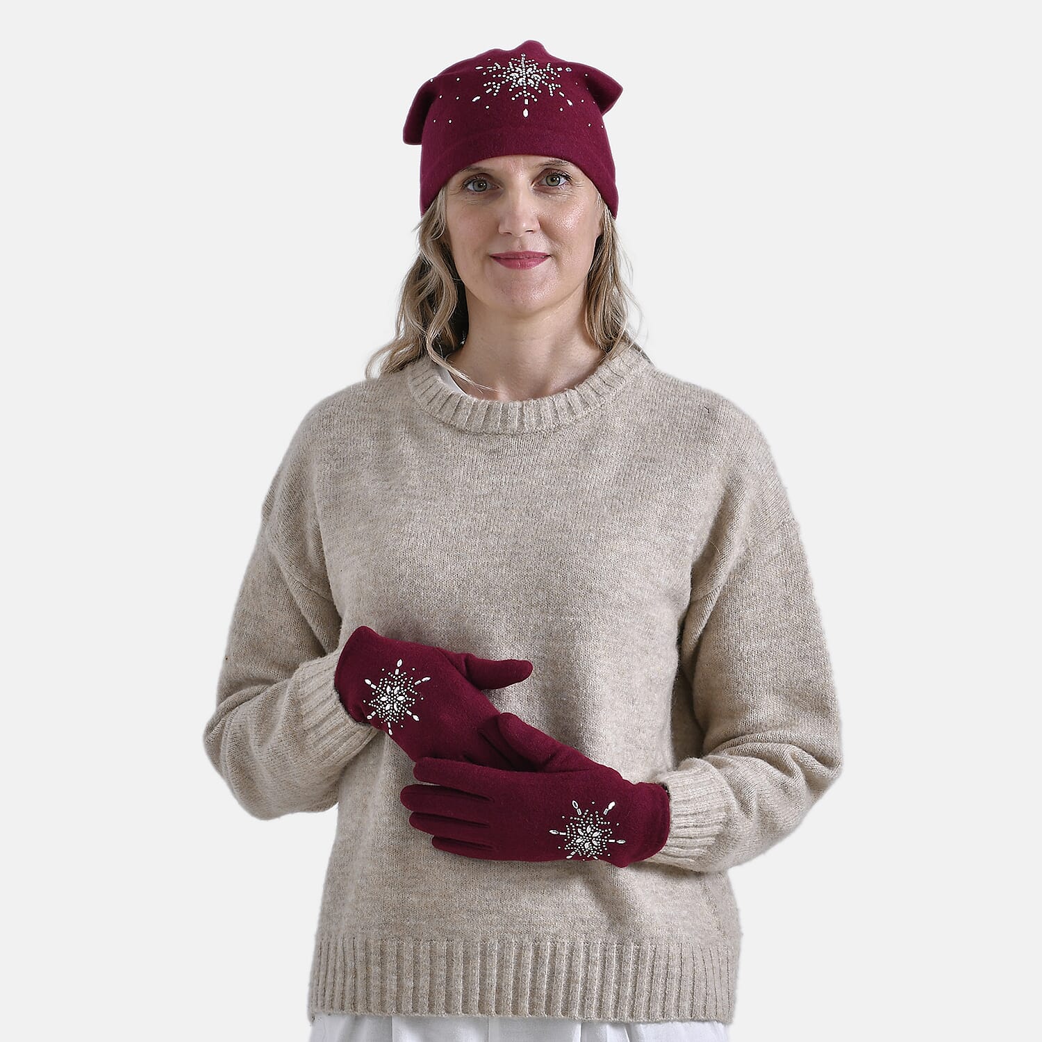 Crystal Snowflake Beanie and Gloves Set - Wine Red 7850688 2
