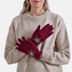 2 Piece Cashmere Set- Crystal Pattern Hat and Gloves - Wine Red