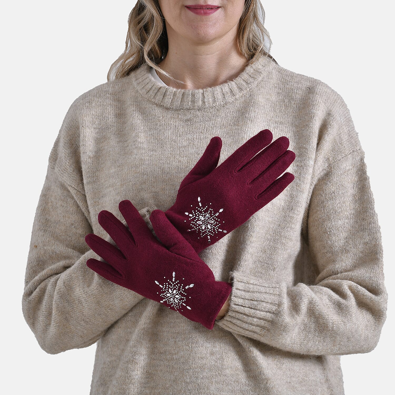 Crystal Snowflake Beanie and Gloves Set - Wine Red 7850688 3