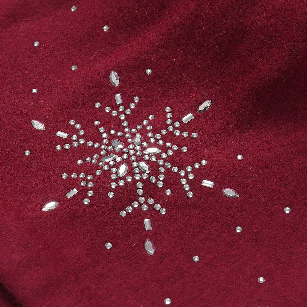 2 Piece Cashmere Set- Crystal Pattern Hat and Gloves - Wine Red