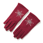 2 Piece Cashmere Set- Crystal Pattern Hat and Gloves - Wine Red