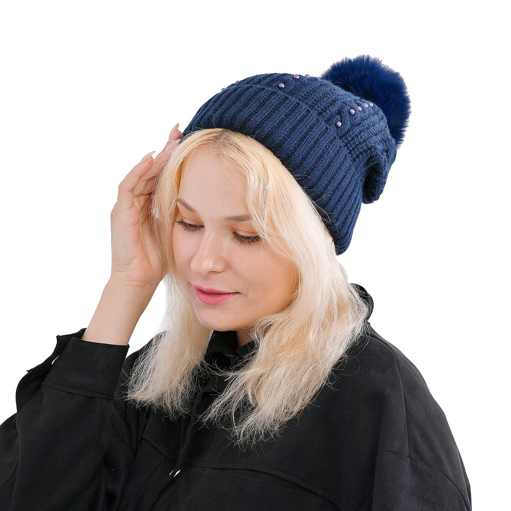 Cuff Beanie with Faux Pearl (22 x 21cm) - Navy