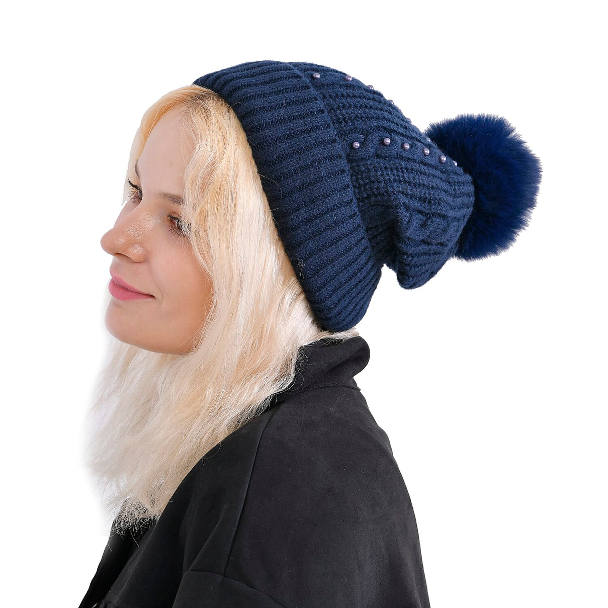 Cuff Beanie with Faux Pearl (22 x 21cm) - Navy 7850112 2