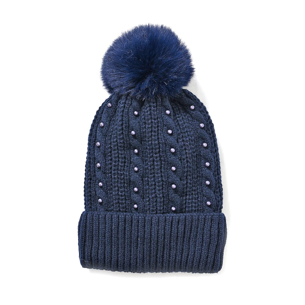 Cuff Beanie with Faux Pearl (22 x 21cm) - Navy