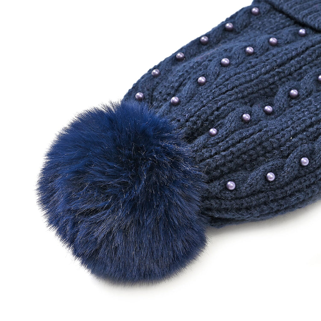 Cuff Beanie with Faux Pearl (22 x 21cm) - Navy