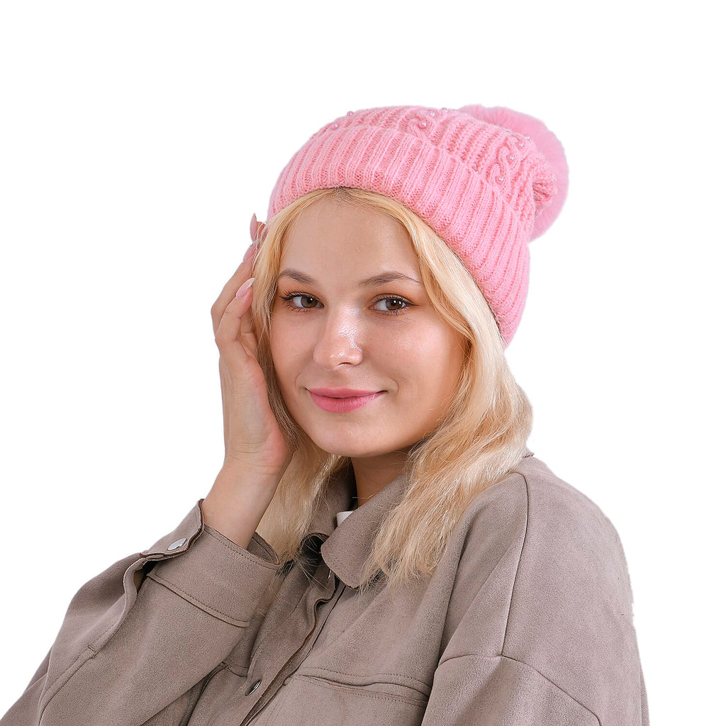 Cuff Beanie with Faux Pearl (22 x 21cm) - Pink