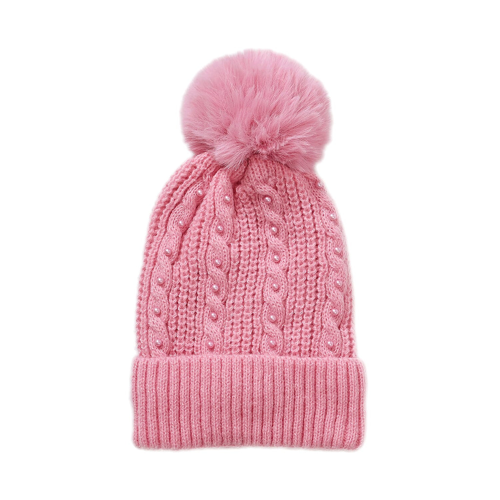 Cuff Beanie with Faux Pearl (22 x 21cm) - Pink