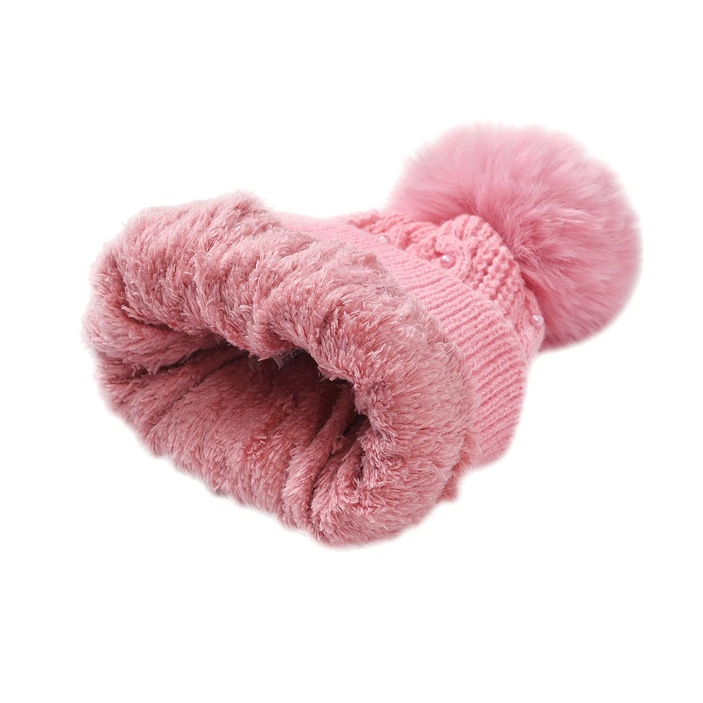 Cuff Beanie with Faux Pearl (22 x 21cm) - Pink