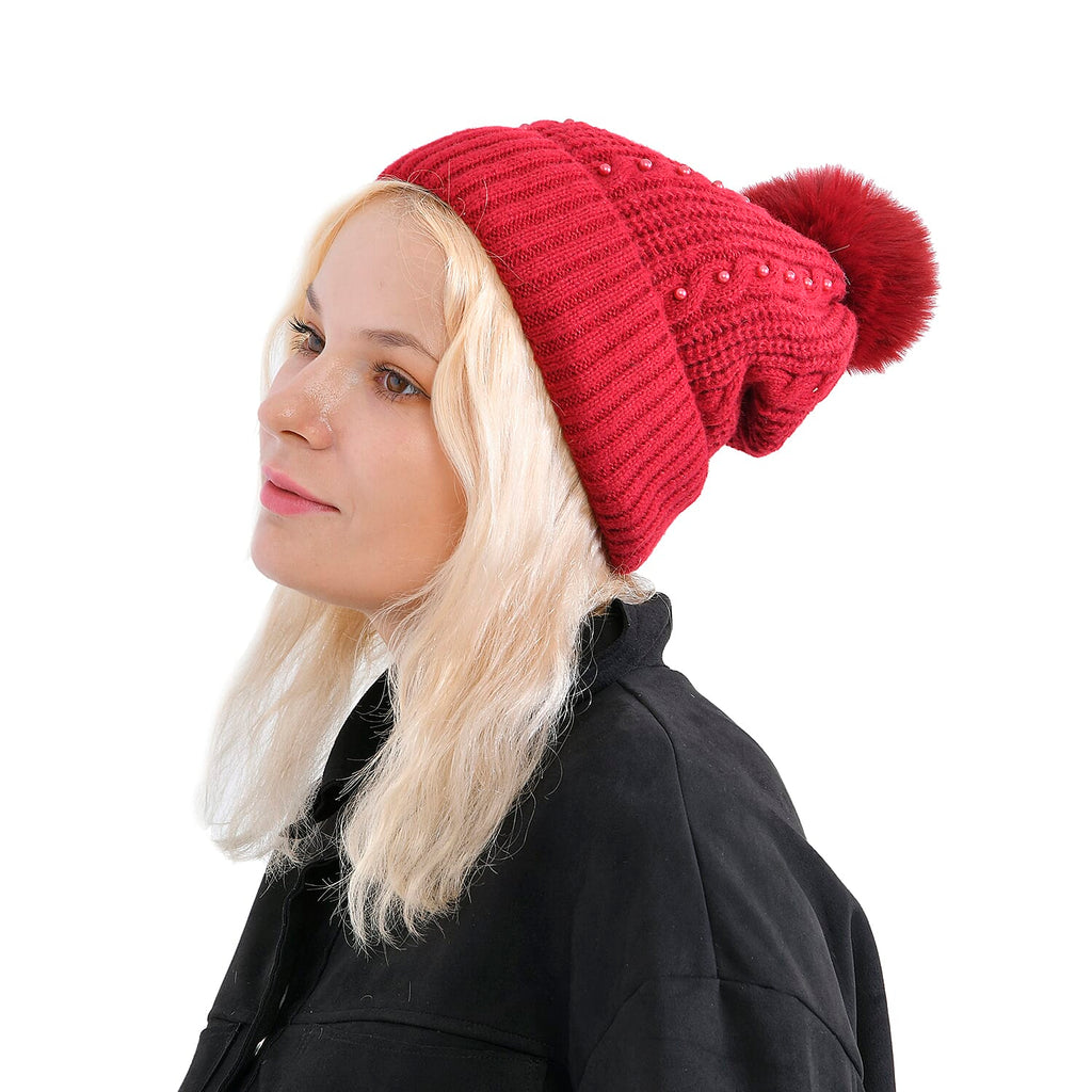 Cuff Beanie with Faux Pearl (22 x 21cm) - Red