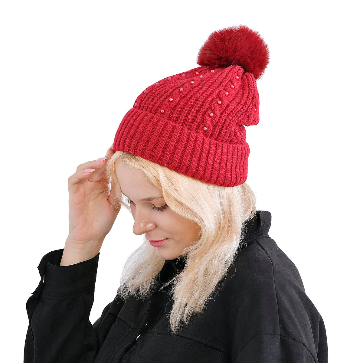 Cuff Beanie with Faux Pearl (22 x 21cm) - Red V32513042 2