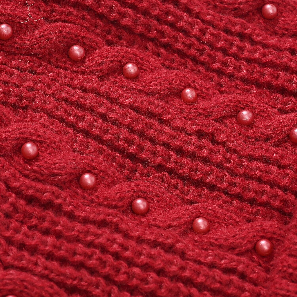 Cuff Beanie with Faux Pearl (22 x 21cm) - Red