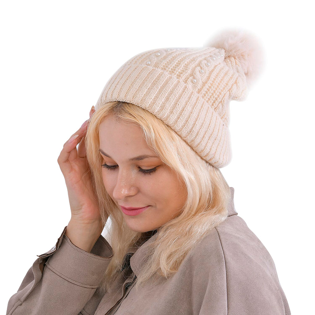 Cuff Beanie with Faux Pearl (22 x 21cm) - White