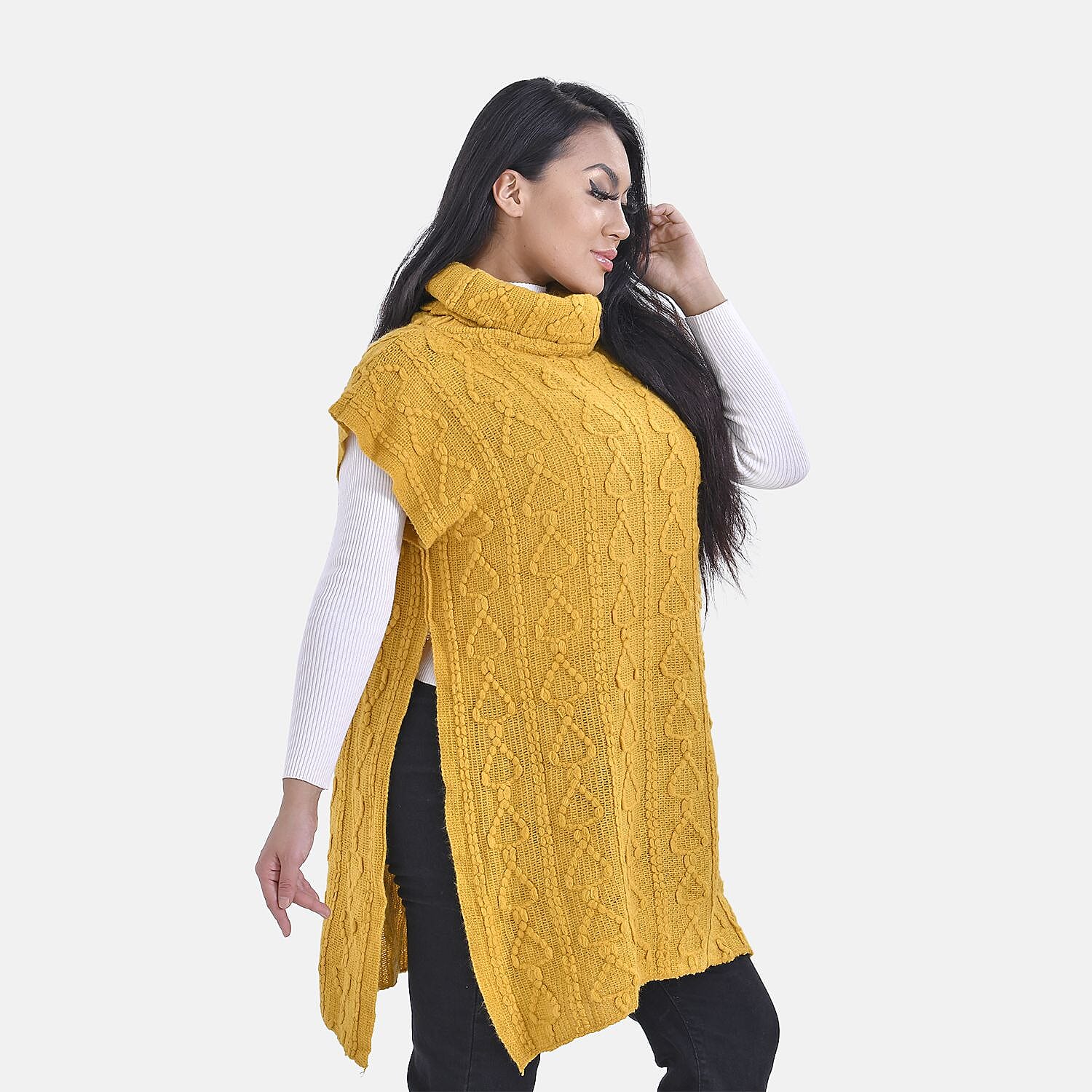 Knitted Rolled Neck Tabard (One Size) - Yellow 7550506 3