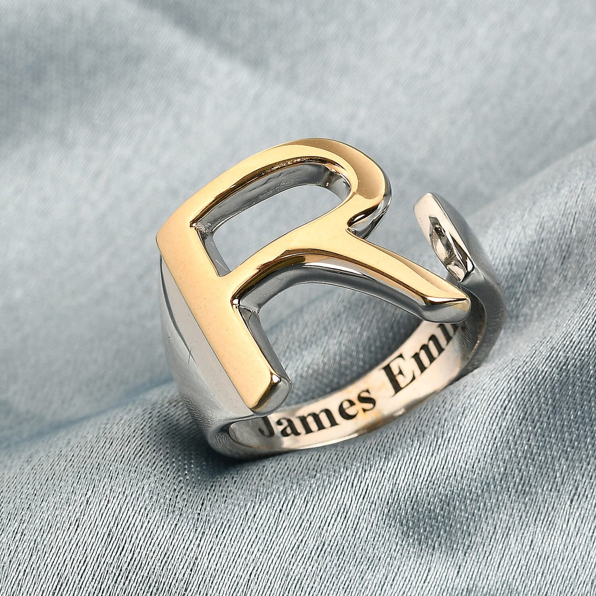 Personalised Engravable Initial R Ring in Yellow Gold Tone 7785508 1