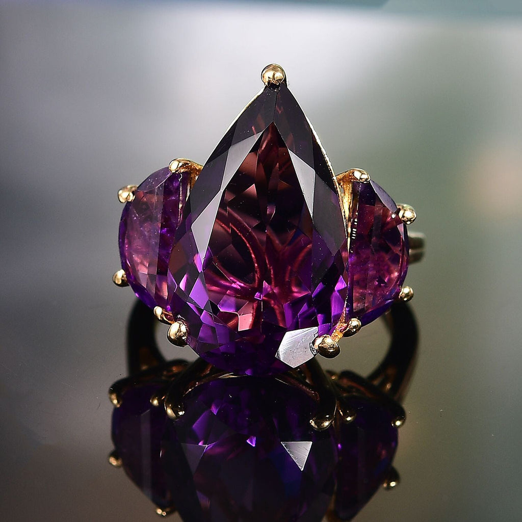 African Amethyst 3 Stone Ring in 18K Vermeil Yellow Gold Plated Sterling Silver 12.99 Ct.