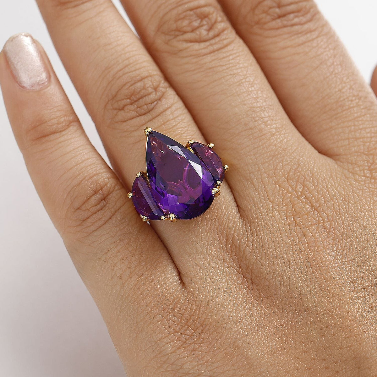 African Amethyst 3 Stone Ring in 18K Vermeil Yellow Gold Plated Sterling Silver 12.99 Ct. 8030999 3