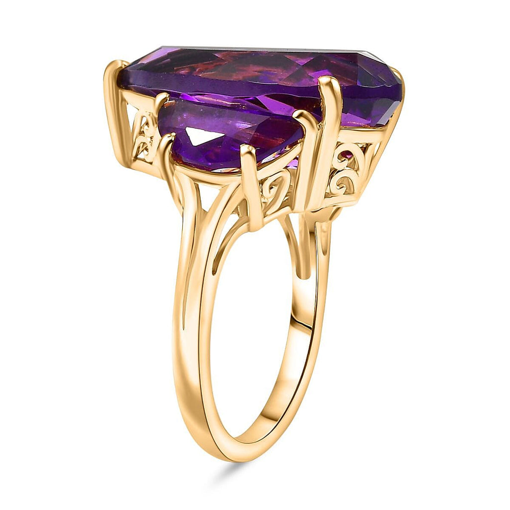 African Amethyst 3 Stone Ring in 18K Vermeil Yellow Gold Plated Sterling Silver 12.99 Ct.