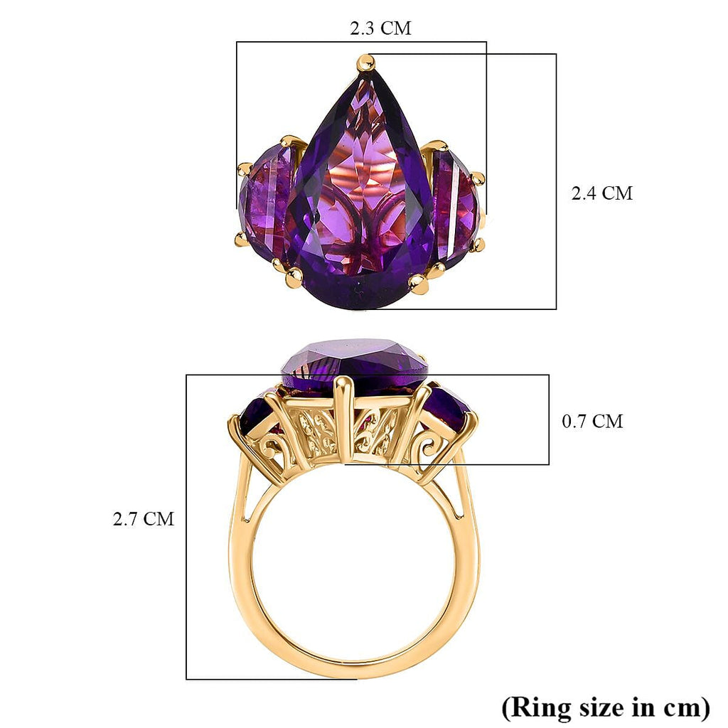 African Amethyst 3 Stone Ring in 18K Vermeil Yellow Gold Plated Sterling Silver 12.99 Ct.