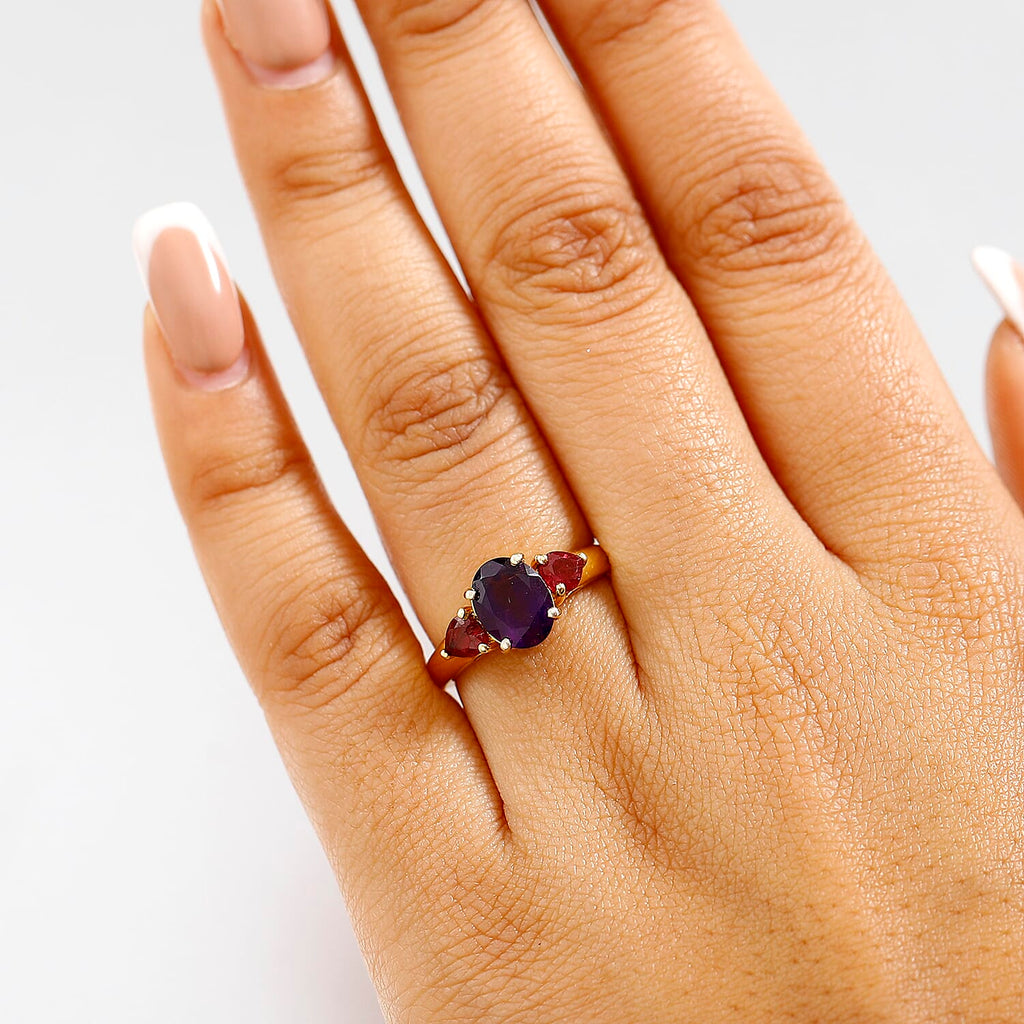 African Amethyst & African Ruby Solitaire Ring in 18K Vermeil Yellow Gold Plated Sterling Silver 2.26 Ct.