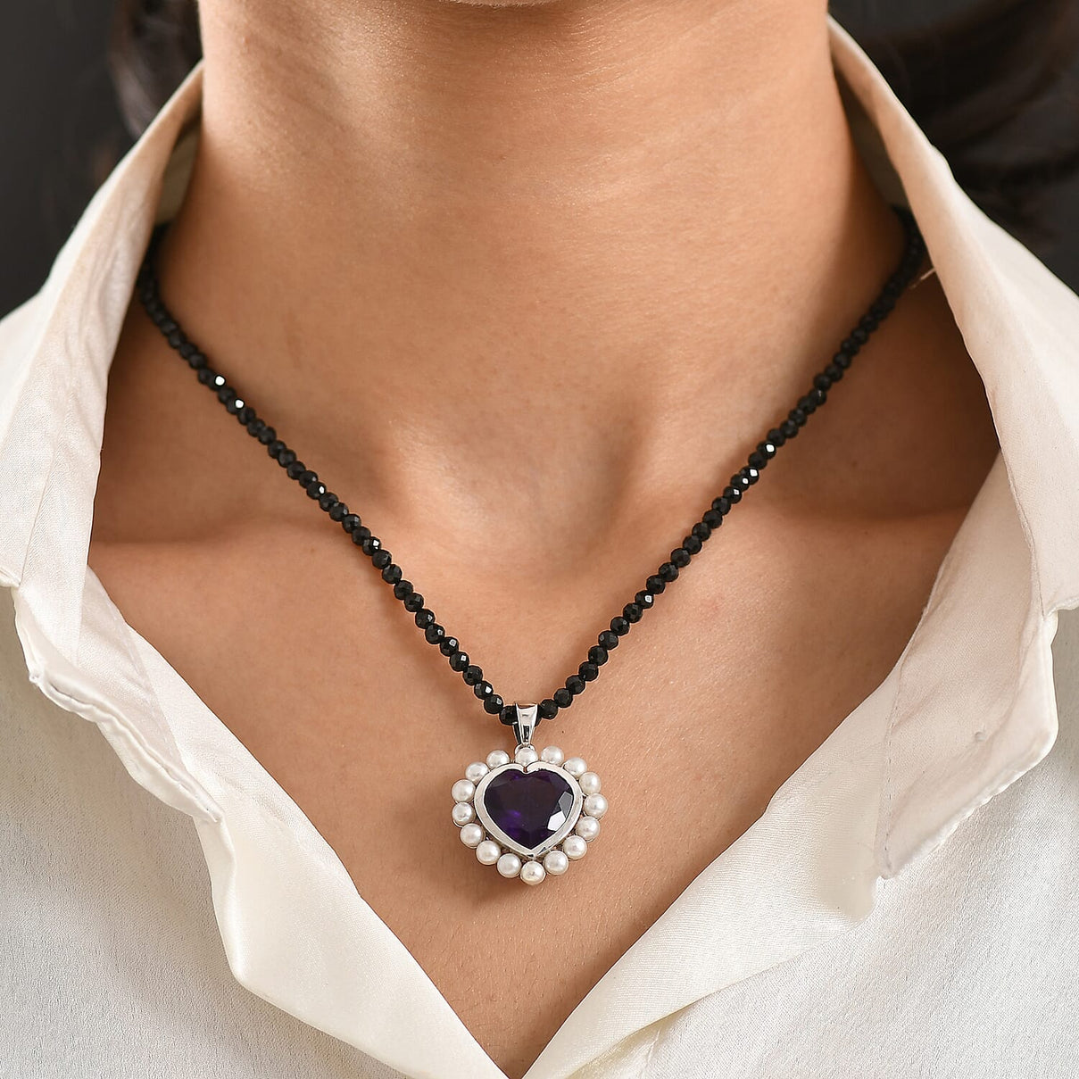D'Joy - AAA African Amethyst, Black Spinel &amp; Fresh Water Pearl Heart Pendant with Beads Chain (Size 20) in Rhodium Overlay Sterling Silver 52.50 Ct. 4455772 2