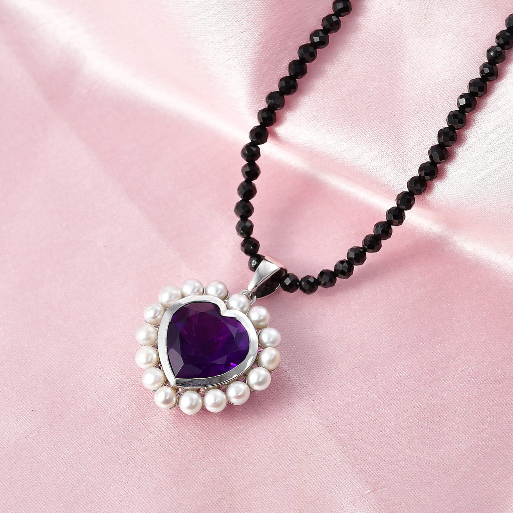 D'Joy - AAA African Amethyst, Black Spinel & Fresh Water Pearl Heart Pendant with Beads Chain (Size 20) in Rhodium Overlay Sterling Silver 52.50 Ct.