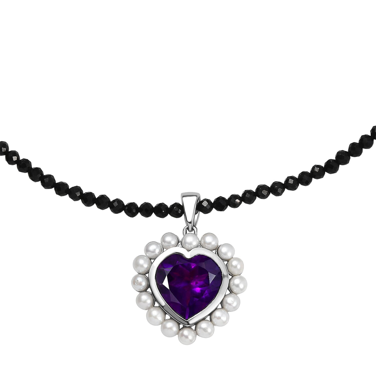 D'Joy - AAA African Amethyst, Black Spinel &amp; Fresh Water Pearl Heart Pendant with Beads Chain (Size 20) in Rhodium Overlay Sterling Silver 52.50 Ct. 4455772 4