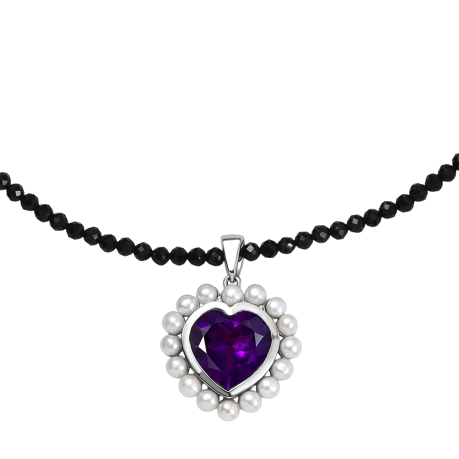 D'Joy - AAA African Amethyst, Black Spinel &amp; Fresh Water Pearl Heart Pendant with Beads Chain (Size 20) in Rhodium Overlay Sterling Silver 52.50 Ct. 4455772 4