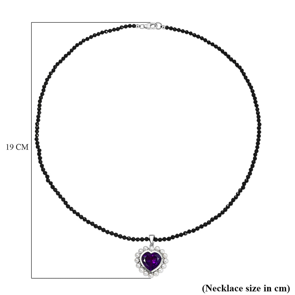 D'Joy - AAA African Amethyst, Black Spinel & Fresh Water Pearl Heart Pendant with Beads Chain (Size 20) in Rhodium Overlay Sterling Silver 52.50 Ct.