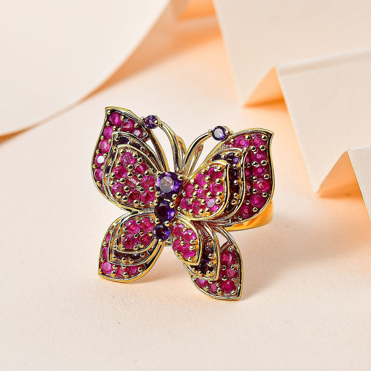 GP Italian Garden Collection - Amethyst and Ruby(FF) Butterfly Interchangeable Ring and Pendant in 18K Vermeil Yellow Gold Plated Sterling Silver 5.25 Ct 7690560 1