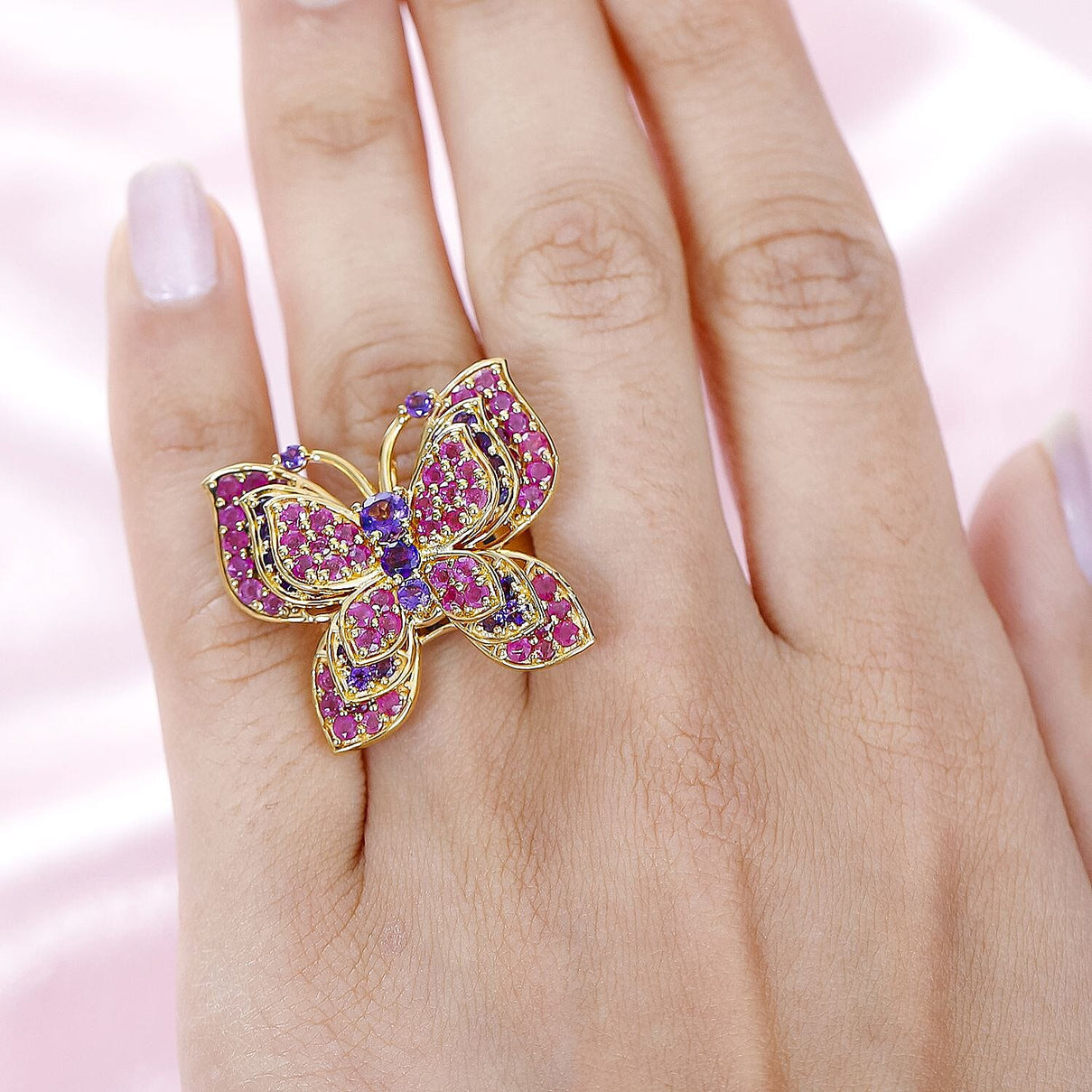 GP Italian Garden Collection - Amethyst and Ruby(FF) Butterfly Interchangeable Ring and Pendant in 18K Vermeil Yellow Gold Plated Sterling Silver 5.25 Ct 7690560 2