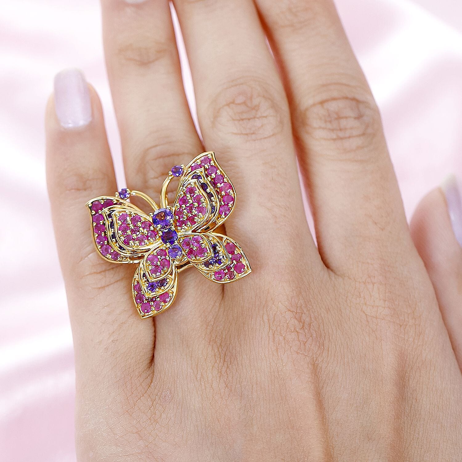 GP Italian Garden Collection - Amethyst and Ruby(FF) Butterfly Interchangeable Ring and Pendant in 18K Vermeil Yellow Gold Plated Sterling Silver 5.25 Ct 7690560 2